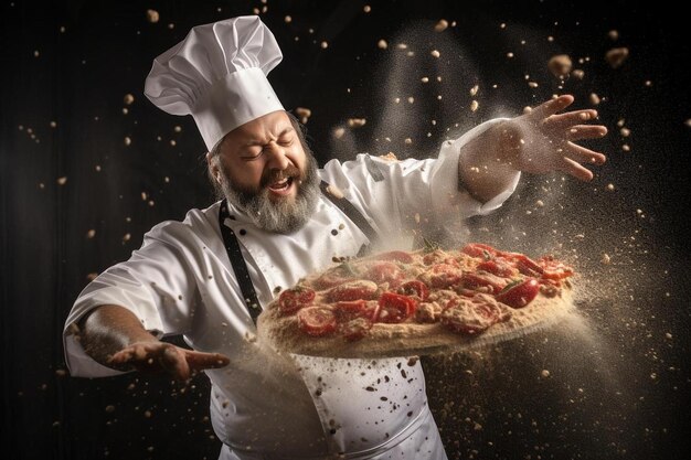 Chef-kok met een pizza op een dienblad en veel confetti achter hem