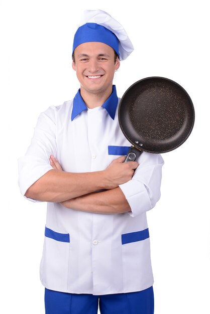 Chef-kok met pan op wit wordt geïsoleerd dat