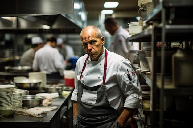 Foto chef-kok overweegt somber te midden van de chaos van een drukke professionele keuken