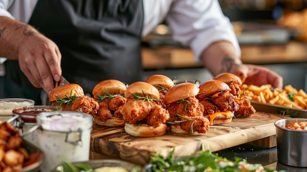 Chef-kok regelt een schotel gourmet gebakken kippen sliders met verschillende toppings perfect voor een feestje