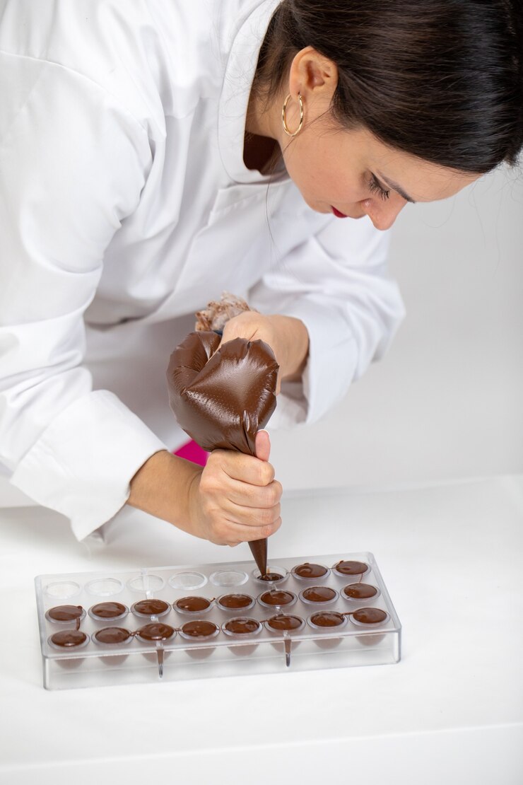 Chef-kok roeren en donkere gesmolten chocolade gieten in een plastic mal