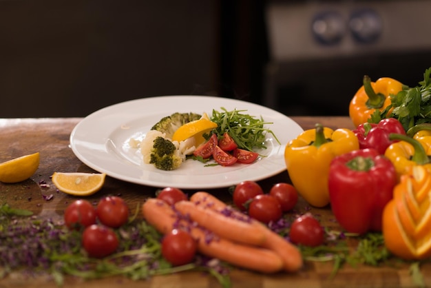 chef-kok serveert groentesalade op bord in de keuken van het restaurant