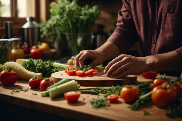 chef-kok snijdt biologische verse groenten in de keuken