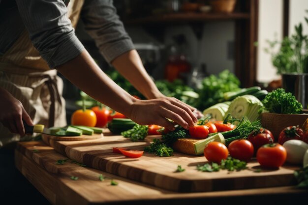 chef-kok snijdt biologische verse groenten in de keuken