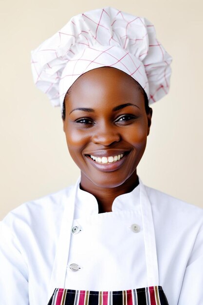 Chef-kok vrouwelijke Afro-Amerikaanse jonge volwassene Vriendelijke glimlach pose