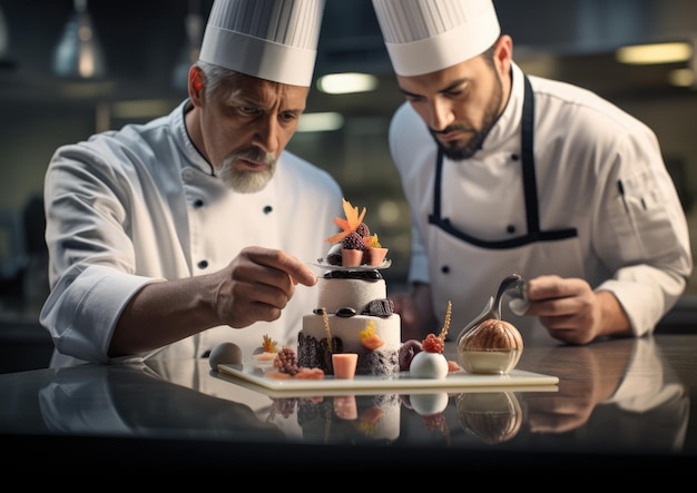 Chef-kok werkt samen met een banketbakker aan een nieuw dessertmenu