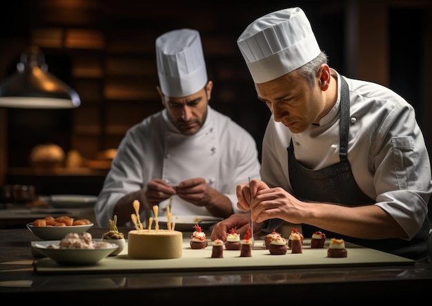 Chef-kok werkt samen met een banketbakker aan een nieuw dessertmenu