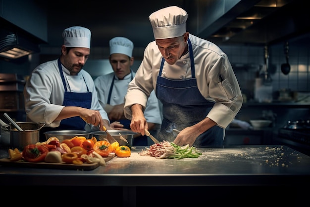 Chef-koks in een keuken die eten bereiden, een van hen draagt een koksmuts.