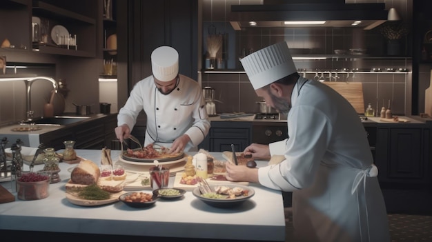 Chef-koks koken in een keuken met een groot aanrecht met eten erop