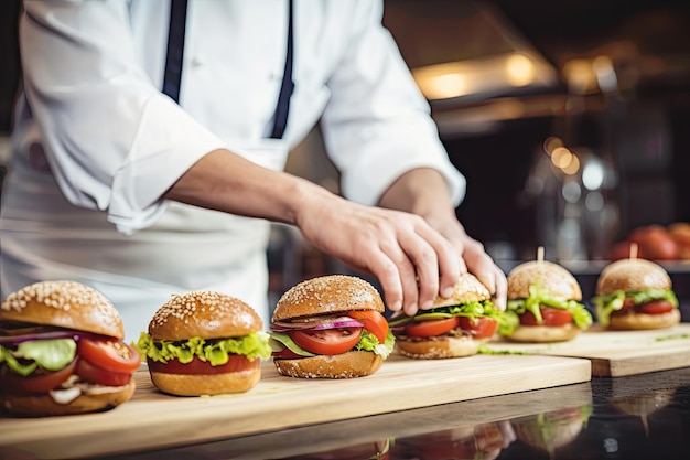 Chef kookt hamburgers.