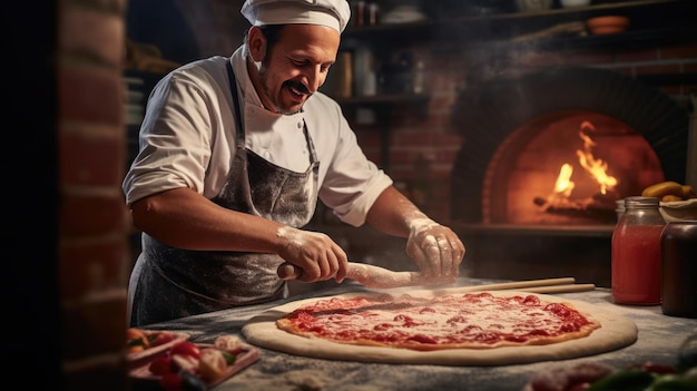 Chef kookt pizza in de oven