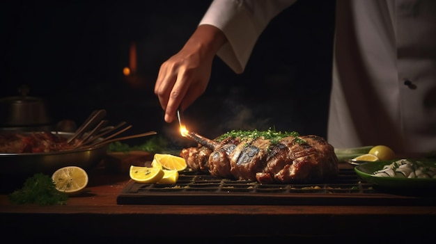 A chef lighting a fish on a grill