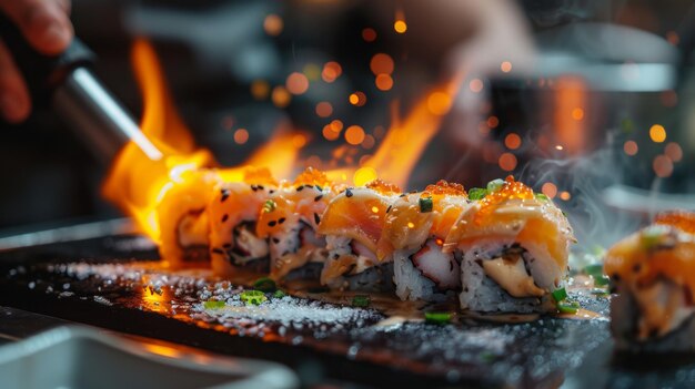 한 요리사 가 오마카세 요리 에 연기 맛 을 첨가 하는 수시 조각 을 기 위해 불 을 켜고 있다