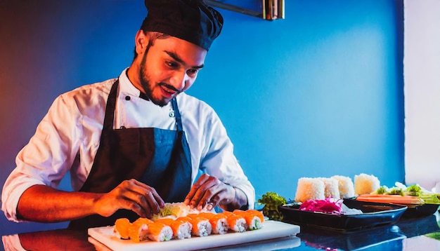 chef looking at the camera preparing sushi in a kitchen counter copy space for text warm light