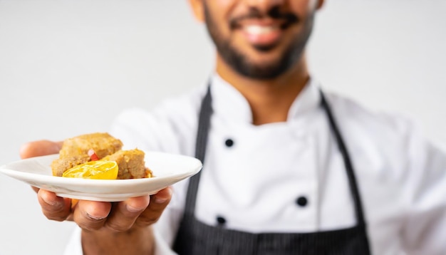 Chef looking at his hand Offering cooked food