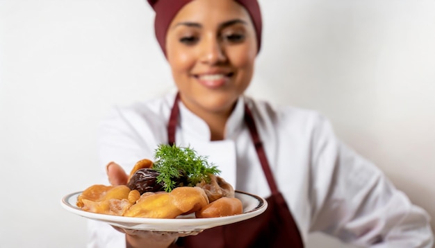 Chef looking at his hand Offering cooked food