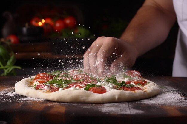 Chef maakt pizza op tafel van dichtbij.