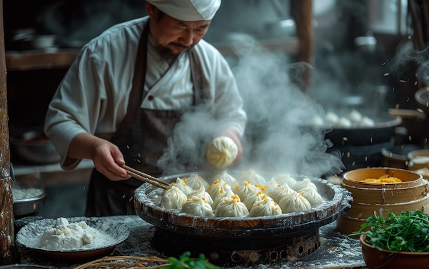 Chef making dumplings in restaurant