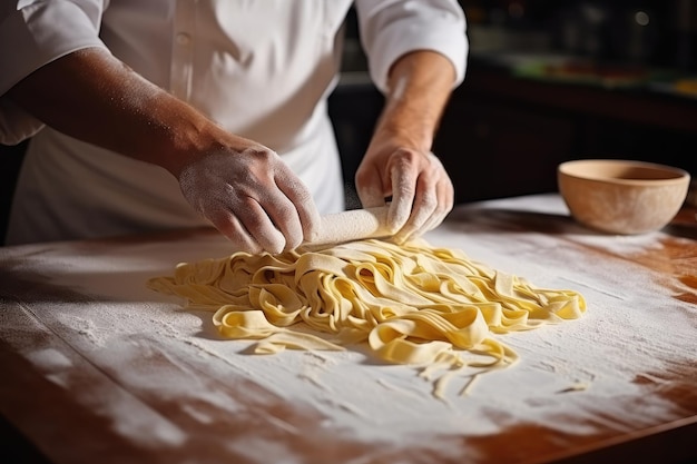 写真 クローズアップで新鮮なイタリアの自家製パスタを作っているシェフ