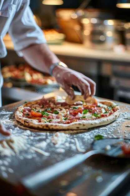 Photo chef making pizza closeup generative ai