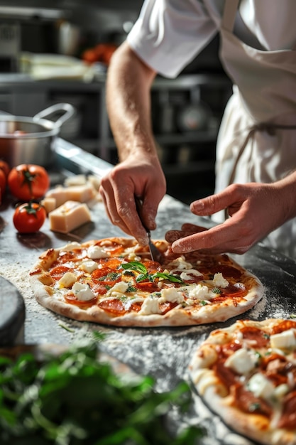 chef making pizza closeup Generative AI