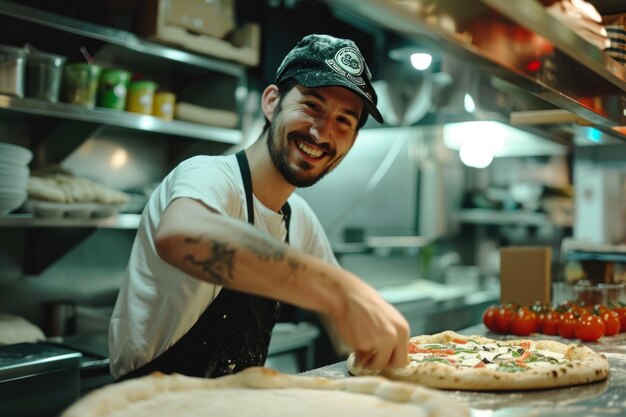 chef making a pizza in a pizzeria with a dough and a happy look on their face and a hat