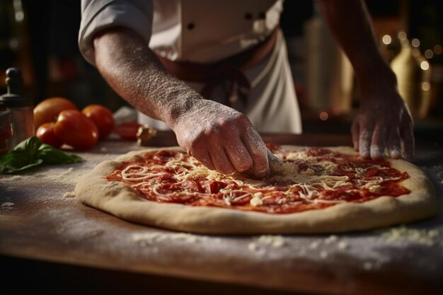 Foto un cuoco che fa una pizza sopra un tavolo di legno