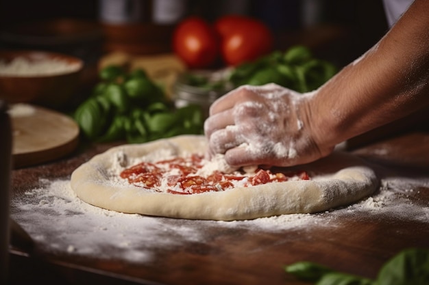 Foto un cuoco che fa una pizza sopra un tavolo di legno