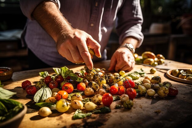 Foto chef che fa l'insalata