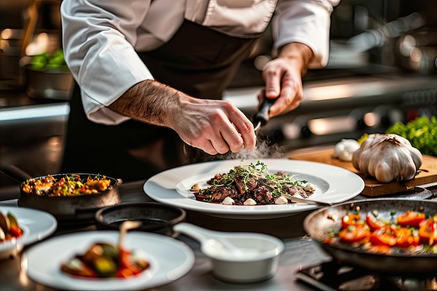 Lo chef prepara con maestria un pasto gourmet di lusso