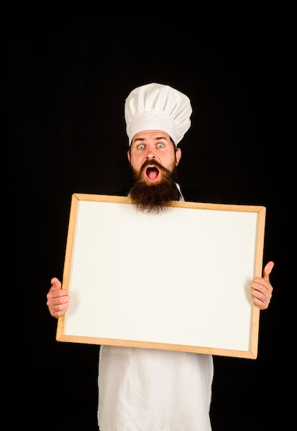 Chef menu man cook show empty menu chalkboard with copy space empty menu chalkboard with copy space