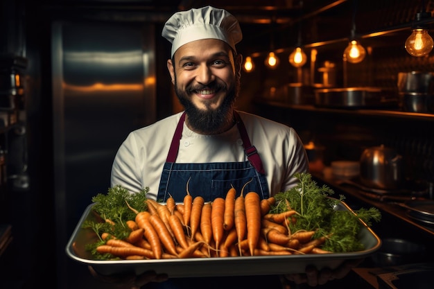 Chef met een dienblad vol wortels in een keuken
