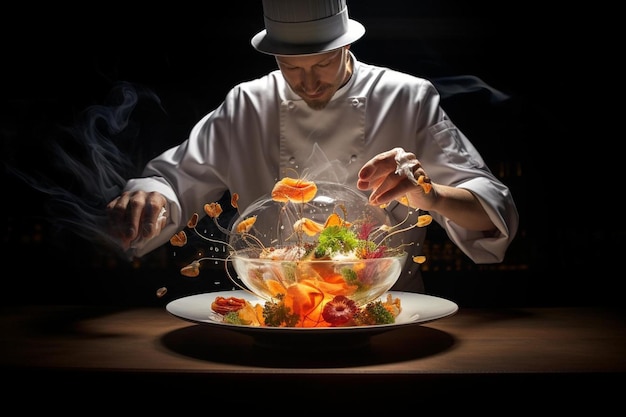 Chef mixing vegetables in a bowl with a chef's hat