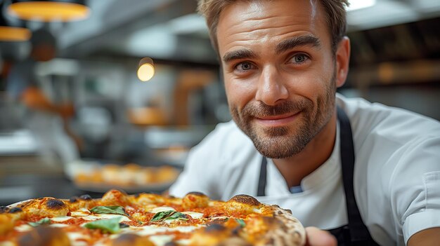 Chef pizzaiolo prepared fresh delicious pizza closeup