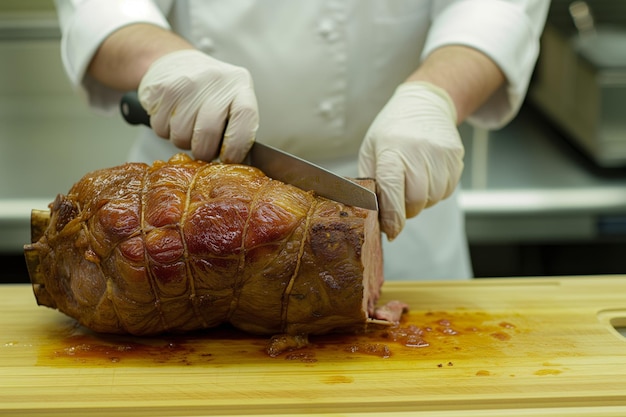 Chef placing a cooked roast before the class for carving