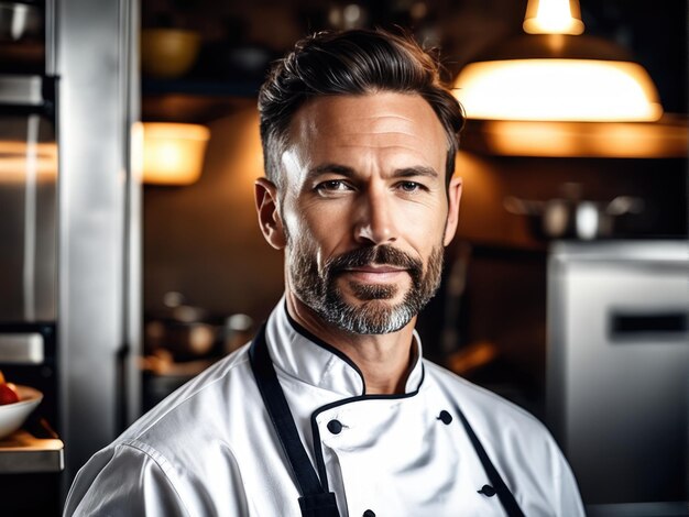 chef posing next to a table in kitchen Studio photo on a kitchen background