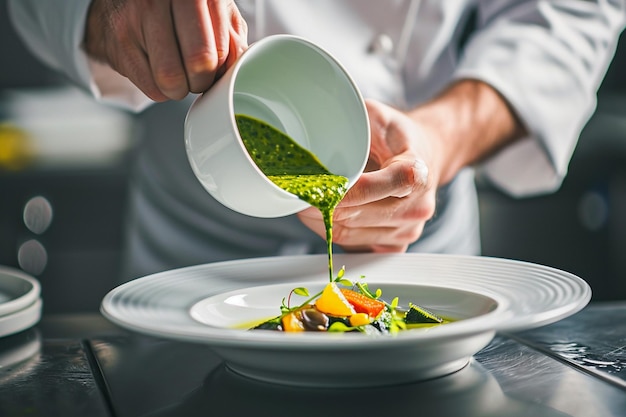 Chef pouring gourmet healthy dish with green sauce