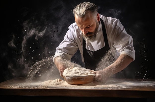a chef pours flour onto the bread