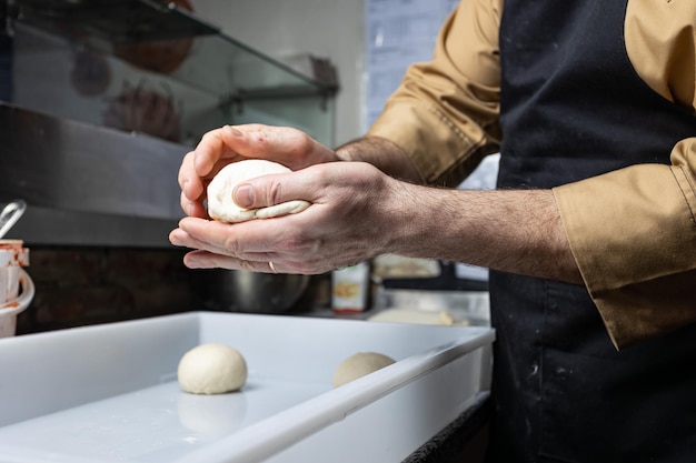 the chef prepares delicious pizza in the restaurant. Close-up