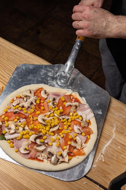 the chef prepares delicious pizza in the restaurant. Close-up