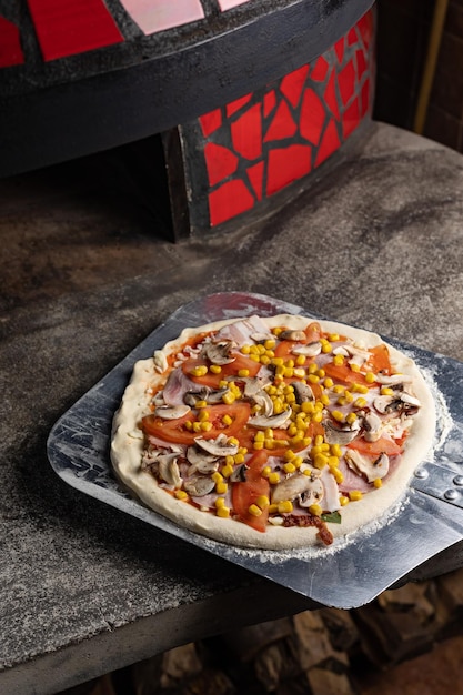 the chef prepares delicious pizza in the restaurant. Close-up