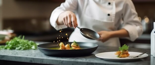 A chef prepares a dish in a restaurant.