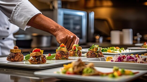 A chef prepares a dish with a knife and fork