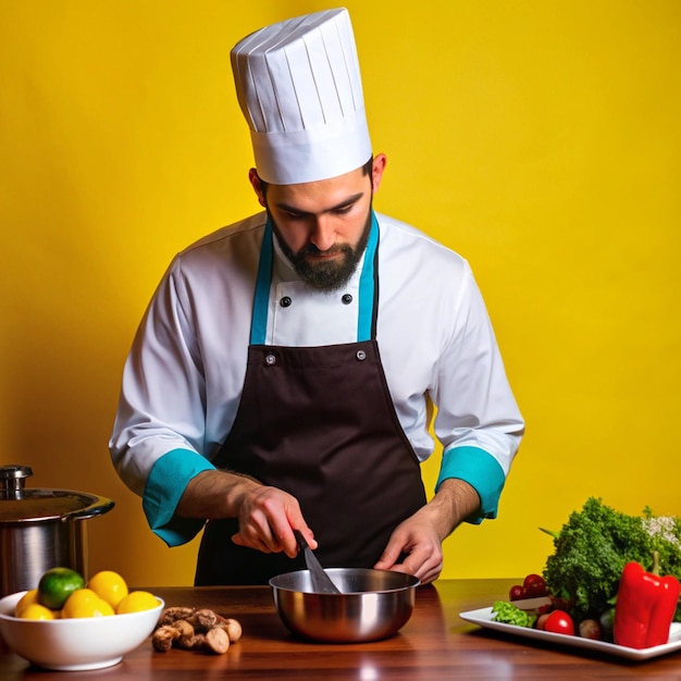 a chef prepares food in front of a yellow background