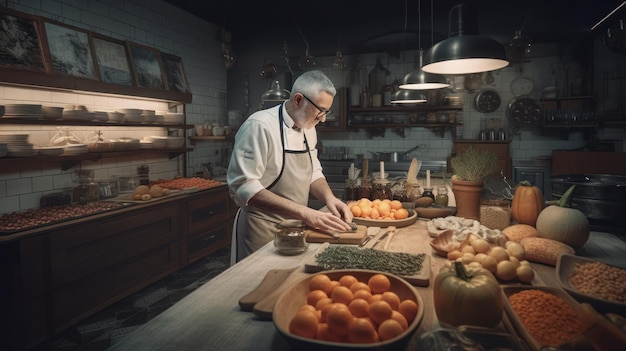 A chef prepares food in a kitchen with a lamp above.