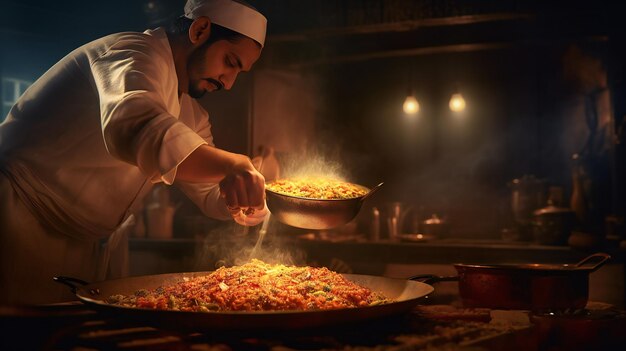 A chef prepares food in a kitchen.