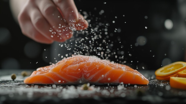 The chef prepares fresh salmon fish smorgu trout sprinkling salt with the ingredients Frost freezing in the air