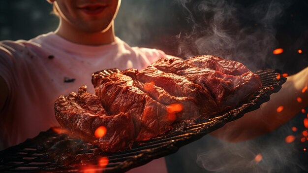 the chef prepares meat on the grill