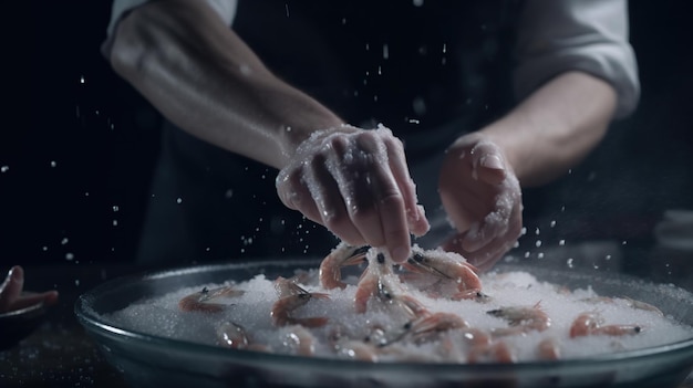 Chef prepares shrimp on a black background