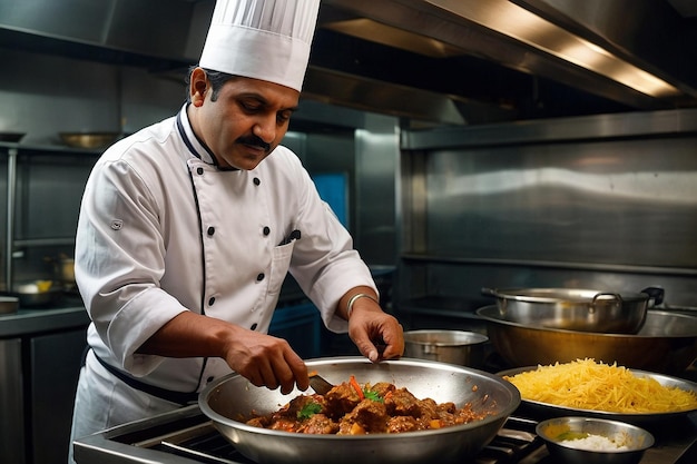 A chef preparing Aloo Gosht in a restaurant kitchen